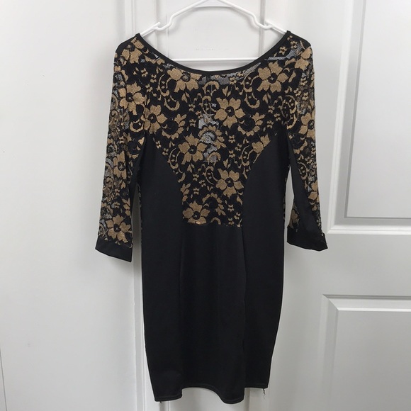 Black and Gold Lace-Paneled Party Dress - Picture 3 of 7